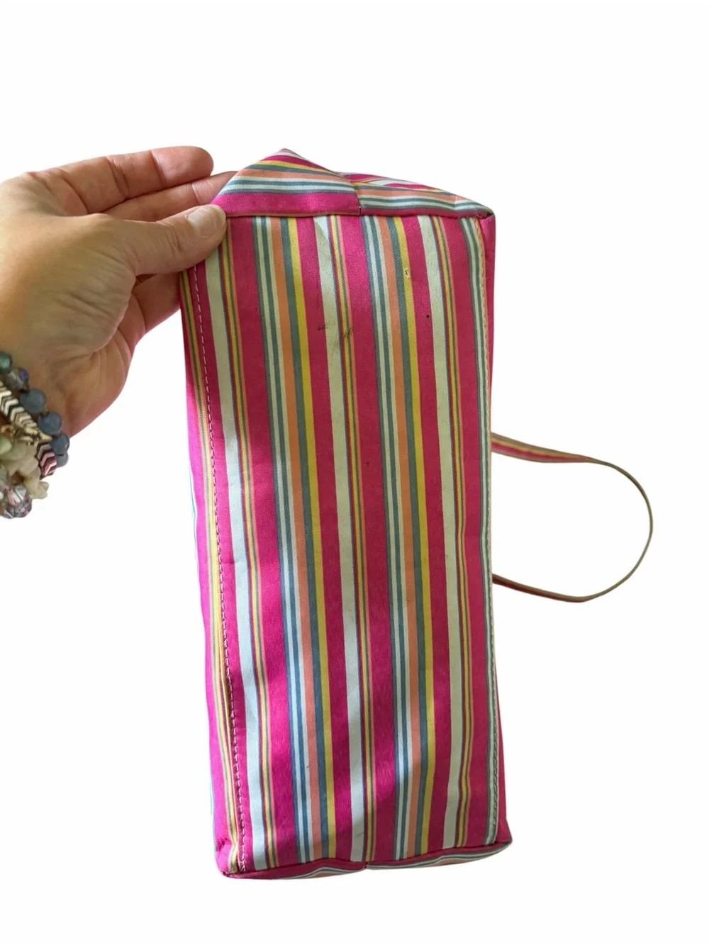 kate spade pink striped canvas tote with multicolor accents